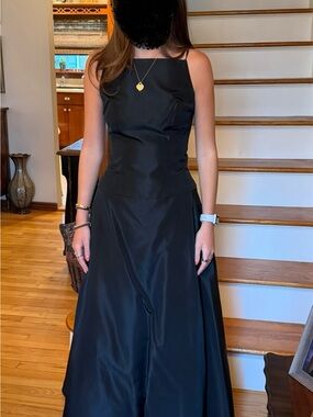 Lazaro Black Taffeta Two Piece Evening Gown with Square Neckline, Size 4